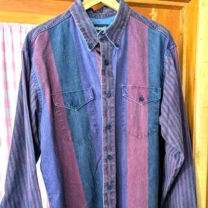 VINTAGE 1990's Wrangler Brushpopper Shirt 16 1/2 / 34 Purple Pink Blue Stripe